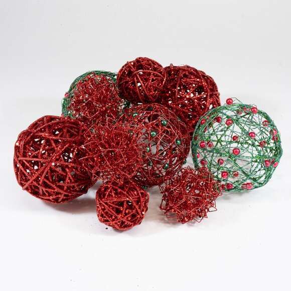 10 Grapevine Orbs -Five 4" Orbs: 2 Red Glittered, 2 Green with Red ornaments, 1 - Picture 3 of 5